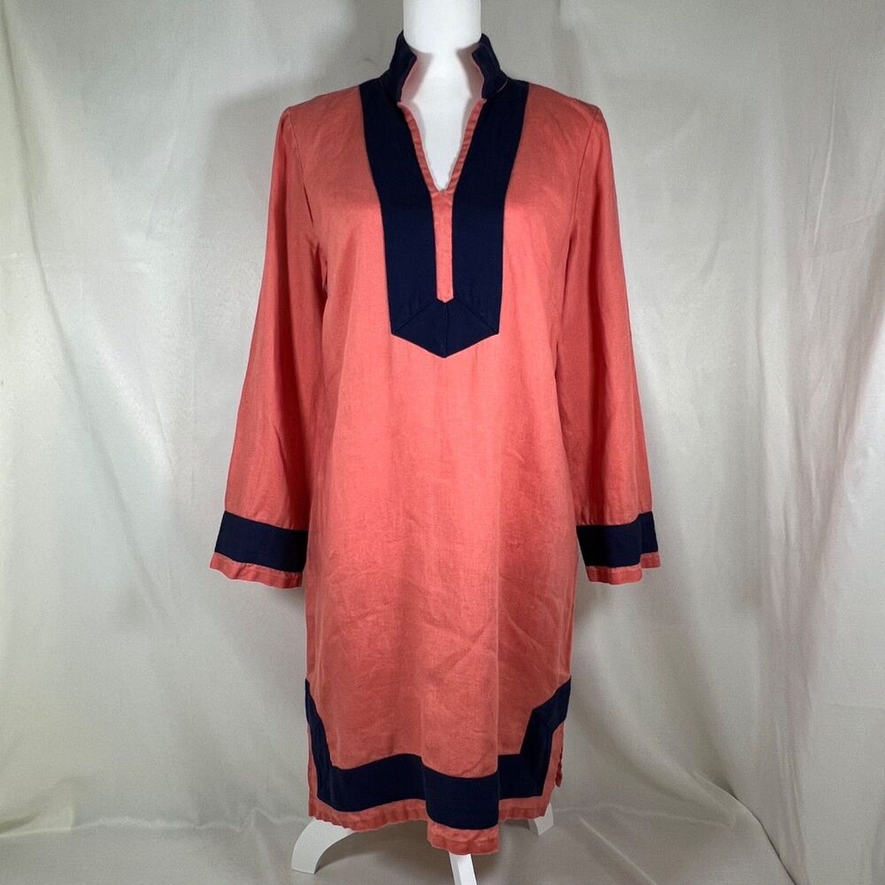 STS Sail to Sable Classic Stand Collar 100% Linen Tunic Dress Coral Pink Navy M